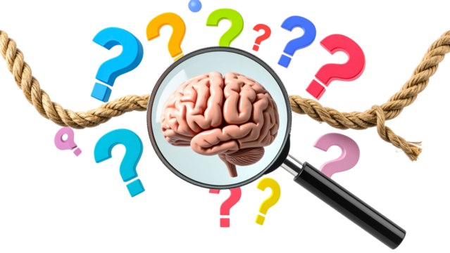 Magnifying glass is inspecting various question marks, a brain, and a rope, all floating against a transparent background, symbolizing problem solving and thinking process 