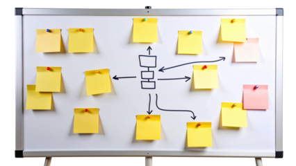 Many yellow sticky notes are arranged around a whiteboard with a workflow drawn, representing project management, brainstorming, and business strategy on a transparent background