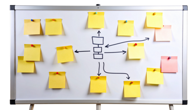 Many yellow sticky notes are arranged around a whiteboard with a workflow drawn, representing project management, brainstorming, and business strategy on a transparent background