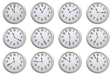 A set of 12 Round Silver Wall Clocks Showing 11:00 to 11:55 or 23:00 to 23:55 Isolated-White....