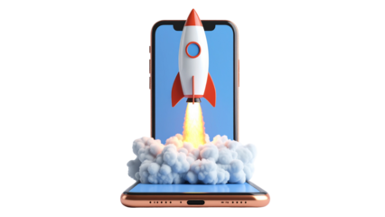 3d rocket is launching from a smartphone screen, symbolizing app success, product led growth, and mobile innovation, against a transparent background