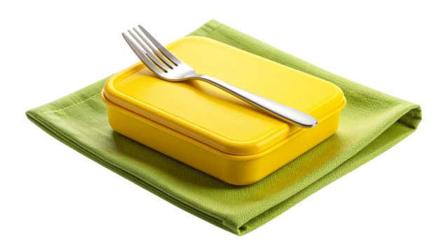 Yellow lunch box closed and placed on a green napkin with a fork resting on top, isolated on a transparent background, promoting healthy eating habits and sustainable practices