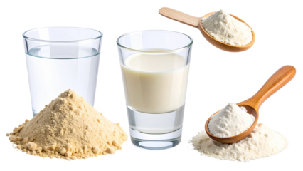 Hydrolyzed collagen protein powder in various stages with glass of water and spoon on transparent background showcasing multiple textures and forms of powder in separate compositions.