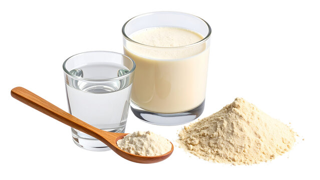 Hydrolyzed collagen protein powder in various stages with glass of water and spoon on transparent background showcasing multiple textures and forms of powder in separate compositions.