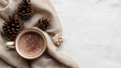 A beige mug of frothy cocoa rests on a neutral-toned fabric with pine cones, creating a cozy autumnal scene