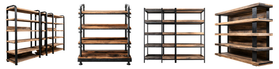 Industrial style wooden and metal shelving units for storage and display