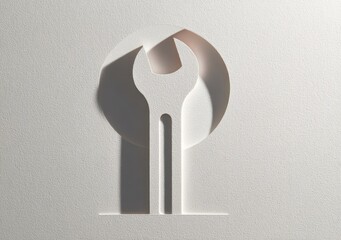 Cut-paper wrench design, minimalist, shadowed, circular cutout against a textured white background, simple, elegant