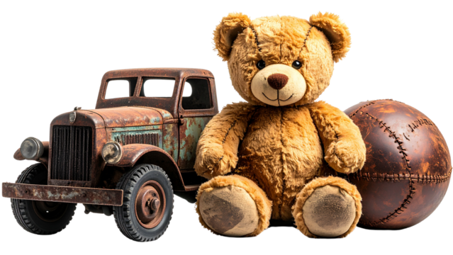 Old teddy bear, rusty toy truck, and worn ball capturing nostalgia and the passage of time, isolated on a transparent background for childhood memory projects