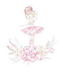 Ballet girl clip art. Illustration hand drawn with watercolor. Little ballerina arrangement for cards, invitations, posters, stickers, wall art and prints