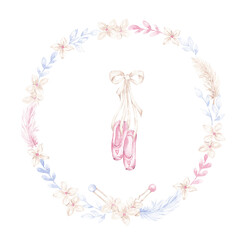 Ballet shoes and wreath clip art. Illustrations hand drawn with watercolor. Little ballerina arrangements for cards, invitations, posters, stickers and prints