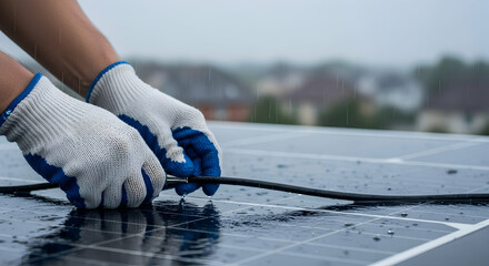 Worker connecting cables to a solar panel system during rainy weather.