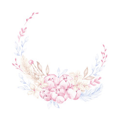 Floral frame, wreath, border . Watercolor illustrations hand drawn with watercolor. Little ballerina arrangement for cards, invitations, posters, stickers and prints