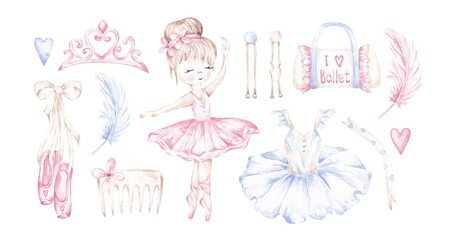 Elegant ballet set hand drawn with watercolor. Cute ballerina, ballet shoes, tutu, bag, hair pins, crown, feathers. Printable clip art isolated on white. Design elements for card, invitation, banner