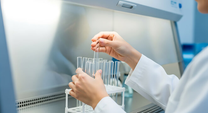 Scientist Handling Test Tubes, Inside a Sterile Laboratory Hood, Scientific Research and Discovery - Powered by Adobe