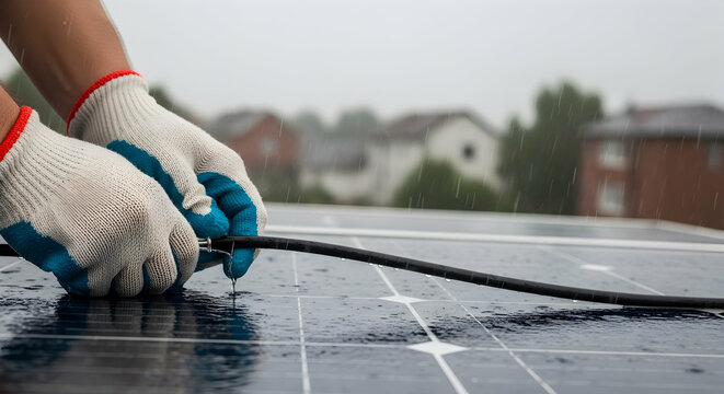 Installing Solar Panel System: Connecting Wires on a Rainy Day - Powered by Adobe