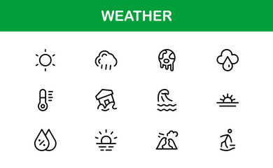 Weather Icon Set – Creative Vector Illustrations for Forecast, Climate, Rain, Sun, and Temperature in Minimal Line Style for All Devices