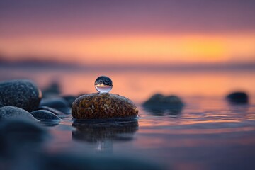A clear glass sphere rests atop a smooth, dark rock partially submerged in calm water at sunset, reflecting the vibrant orange and purple sky