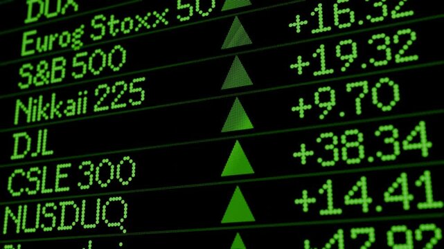 Green arrow price profit up and grow financial money stock index up to new hight number plus display grid row table digital revise edition.