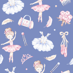 Ballerina seamless pattern hand drawn with watercolor. Little ballerina digital paper. Ballet girl design for textile, fabric, packaging © balena