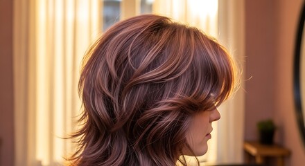Naklejka premium Woman with Layered Hairstyle Profile in Warm Light