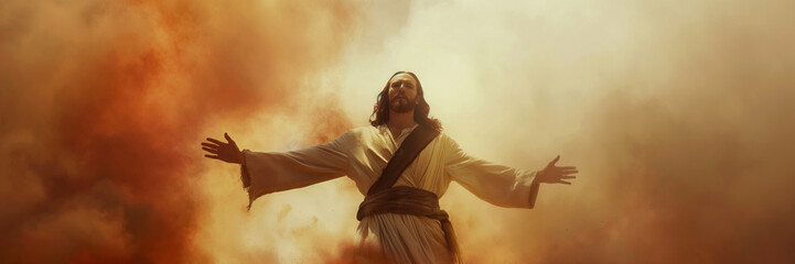 Panorama resurrection moment risen Christ, living Savior bring new life, victory over death, salvation promised Gospel.