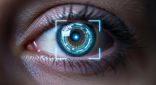 Human eye scan, with futuristic digital interface, close-up biometric identification, security and technology - Powered by Adobe