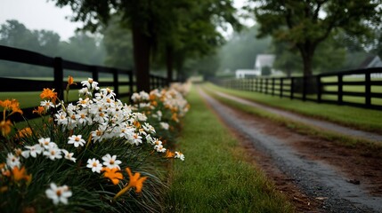 A country lane lined with flowers and a black wooden fence.