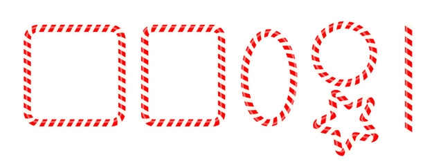 Set round, rectangle, star candy frames, Candy cane  set decorations, frame, round ring frame, red white straight lines, realistic, collection New Year Holiday elements. Xmas Striped candy ca