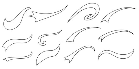 Baseball swoosh line tails, isolated black vector curly lines, baseball decoration. Sports swash shapes set in retro style. Swirl strokes flat vector, line art
