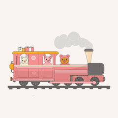 Christmas pink train isolated with cartoon animals anf presents, kid transportation, toy for children, retro style