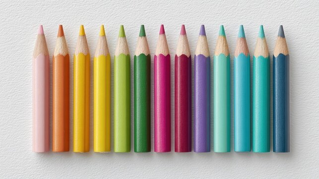 Twelve sharpened colored pencils arranged in a neat row on a textured white surface, showcasing vibrant hues from pink to blue.