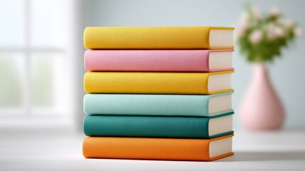 A neat stack of six hardcover books with colorful textured covers sits on a white surface near a softly blurred window and a pink vase with flowers.