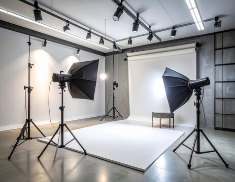 Modern photo studio with softboxes, seamless white background, and small table