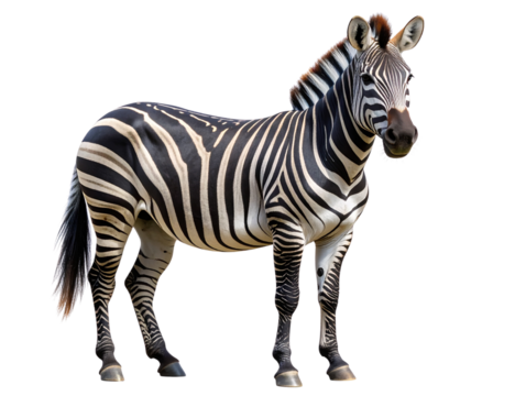 Realistic illustration of a zebra with distinctive black and white stripes standing and facing slightly left on transparent background.