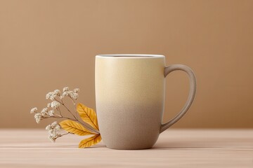 A beige ceramic mug with a handle sits on a wooden surface, accompanied by dried yellow leaves and small white flowers against a neutral brown background.