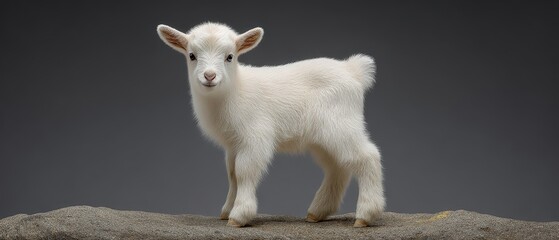 Fototapeta premium A young white goat kid stands on a textured surface against a plain grey background.
