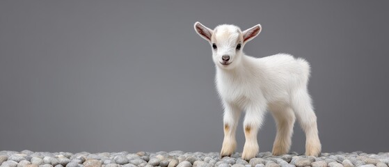 A young white goat kid standing on smooth stones against a plain gray background, looking directly at the camera.