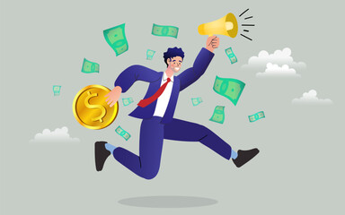 A happy businessman jumping and shouting into a megaphone, celebrating a successful marketing campaign. Money rains down, symbolizing profit, revenue, and a great return on investment .