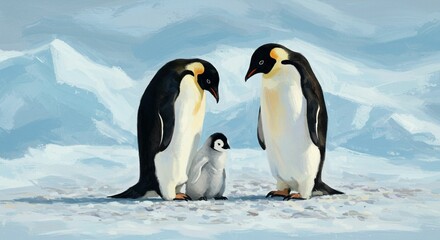 Fototapeta premium Penguin family in snowy landscape