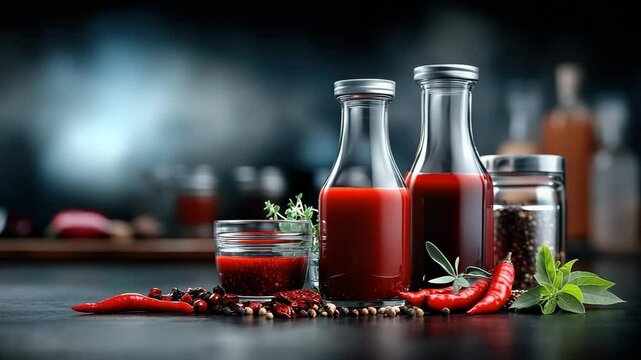 Fiery taste display: peppery syrup, glass vessel, garden pepper, scented spice, scorching power, savor layer, cooking passion, sharp blend, vivid color, rich bouquet, zest note, culinary delight