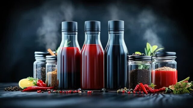 Flavor explosion scene: spicy condiment, transparent bottle, ripe chili, fragrant herb, intense warmth, taste layer, cooking enthusiasm, piquant mix, lively hue, strong character, taste complexity,