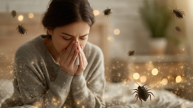 Realistic photo of woman sneezing in bed with irritated skin, semi-transparent 3D dust mites surrounding nose and pillow, allergy awareness concept in bright minimal interior with soft glow - Powered by Adobe