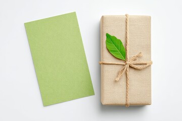 A gift wrapped in natural burlap and twine, adorned with a green leaf, placed next to a textured green card on a white background.