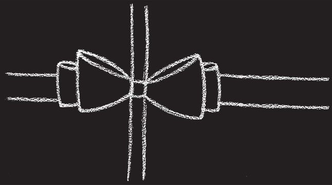 Chalk coquette bow on ribbon. Hand drawn vector illustration isolated on black chalkboard background for design template wedding, Birthday, Christmas decoration or discount, sale.