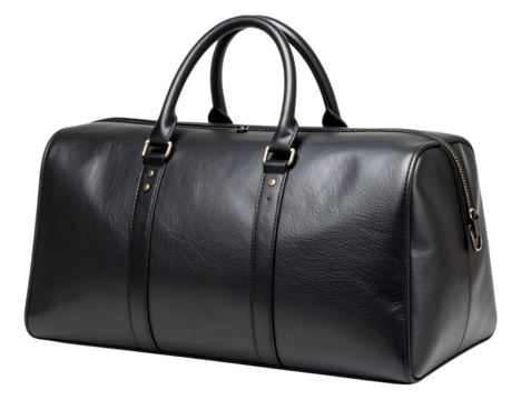 Elegant black leather duffel bag with sturdy handles and a sleek design on transparent background.