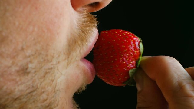 Bearded male biting juicy, ripe strawberry against dark background, savoring fresh red fruit with visible enjoyment and sensory pleasure. Man eating strawberry on black background.