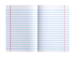A sheet of lined notebook paper folded into quarters, featuring blue horizontal lines and a red vertical margin line on transparent background.