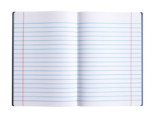 A sheet of lined notebook paper folded into quarters, featuring blue horizontal lines and a red vertical margin line on transparent background.