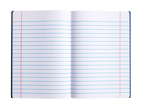 A sheet of lined notebook paper folded into quarters, featuring blue horizontal lines and a red vertical margin line on transparent background. - Powered by Adobe