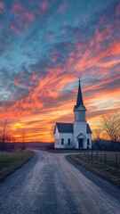 Obraz premium Portrait church atop hill warm light, cathedral, chapel, basilica sanctuary past nave altar, pulpit, rays of light.